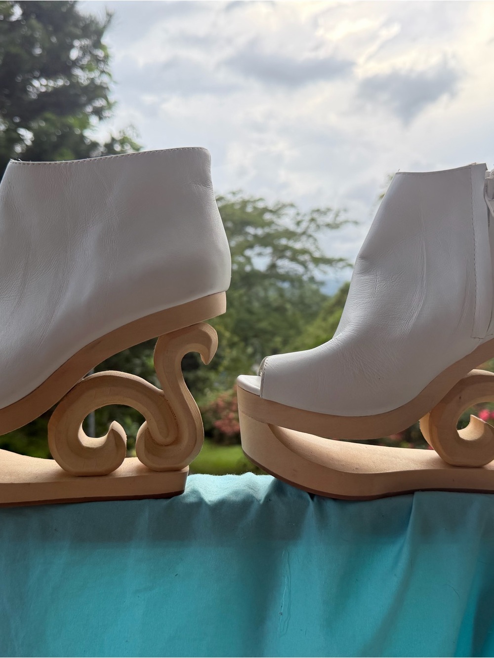 Jeffrey Campbell White Peep-Toe Sculpted Wooden Wedge Booties
